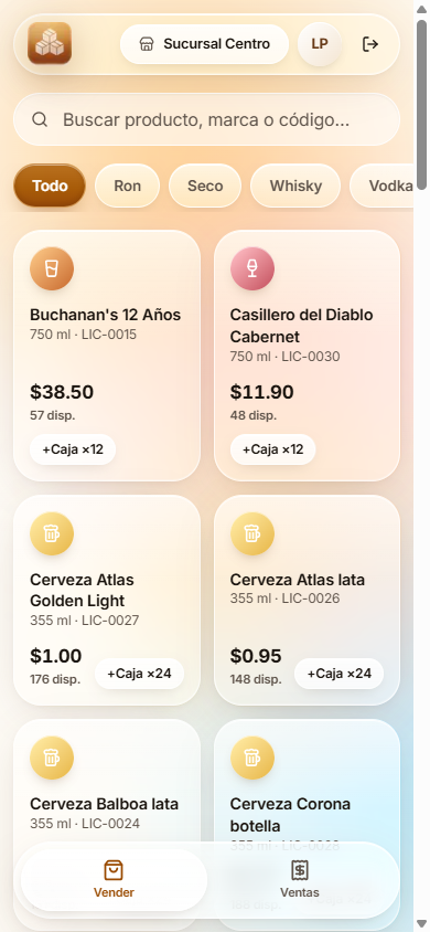 Punto de venta en celular con búsqueda, categorías y barra de navegación inferior