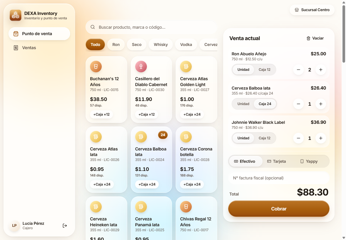 Punto de venta en tablet con grilla de productos, carrito, métodos de pago Yappy, tarjeta y efectivo, y botón Cobrar